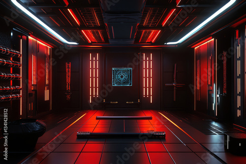 Obraz na płótnie A high-tech cyber dojo 3D background room with interactive training holograms, sleek black-and-red interior design, and glowing neon katana racks. The space blends traditional martial arts with w salonie