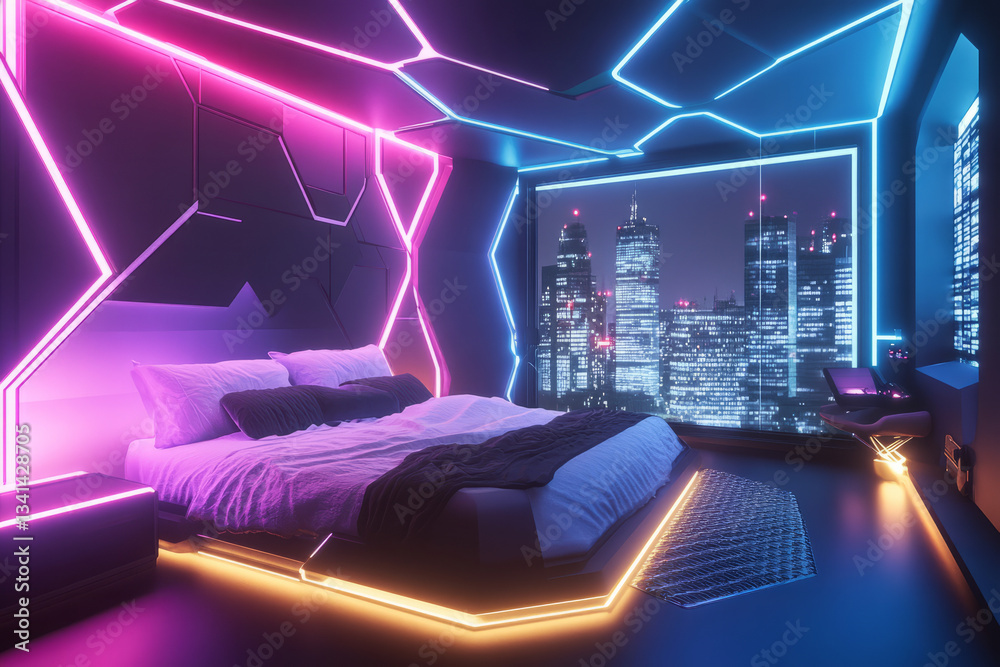 A sleek futuristic bedroom with hexagonal ambient lighting embedded in the walls and ceiling. The AI-controlled environment adapts to the occupant’s mood, adjusting colors and brightness. The