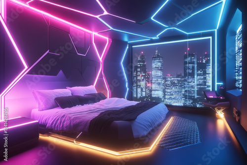 Obraz na płótnie A sleek futuristic bedroom with hexagonal ambient lighting embedded in the walls and ceiling. The AI-controlled environment adapts to the occupant’s mood, adjusting colors and brightness. The w salonie