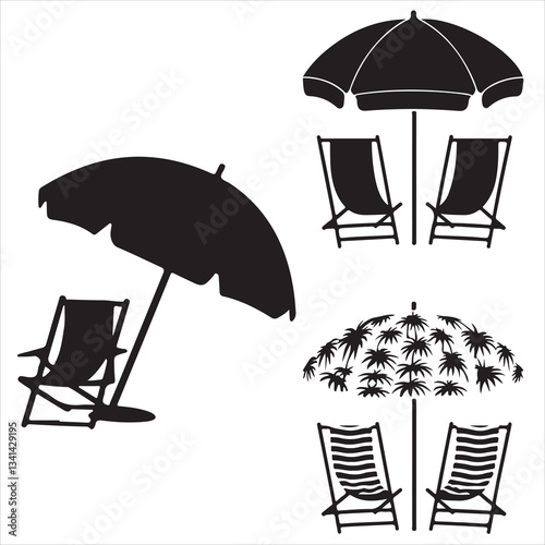 set vector various palam tree and beach chair, beach chair with umbrella silhouettes