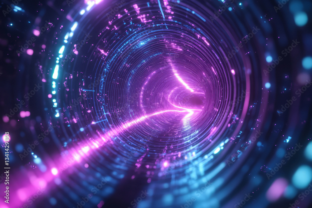 A dynamic, animated hexagonal 3D background where light waves ripple through the interconnected panels, creating a mesmerizing energy flow. The pulsing neon blue and purple light effects enhance the
