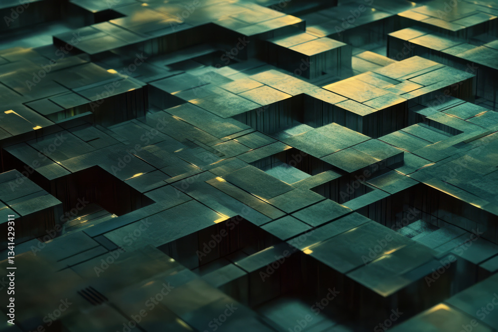 A complex geometric 3D background with a grid of metallic hexagons, some rotating at different angles. Subtle lighting and shadows enhance the sense of movement, giving the scene an advanced