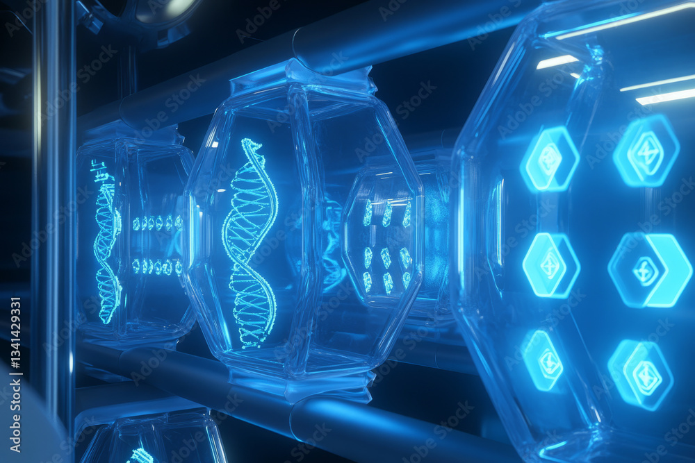 A futuristic laboratory 3D background with glowing blue hexagons embedded in glass-like walls. Some hexagons display moving DNA sequences and chemical formulas, resembling a cutting-edge biotech