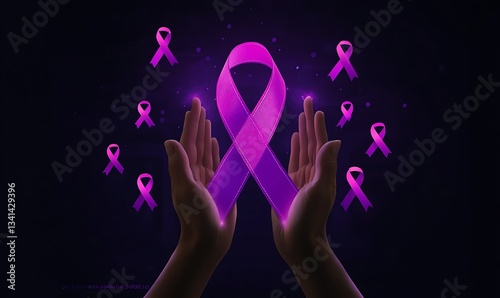 Hands holding purple ribbon glowing for cancer awareness campaign symbolizing unity and hope in global health advocacy and prevention through minimalistic vibrant design