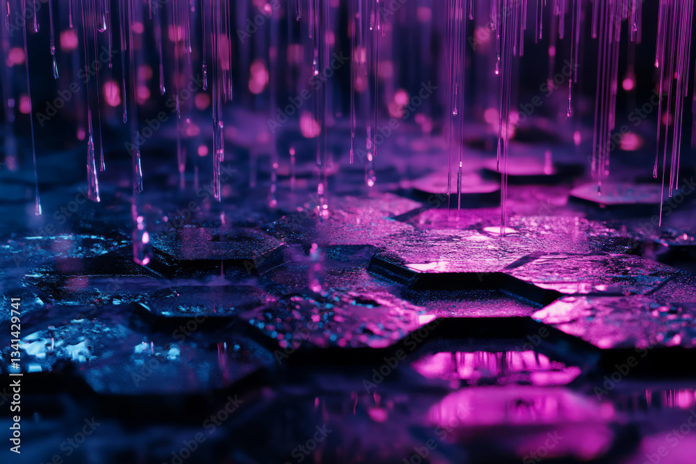A mesmerizing 3D digital rain effect cascading over a hexagonal surface. The illuminated raindrops, reflecting vibrant neon hues, create a cyberpunk-inspired atmosphere, evoking futuristic AI-driven