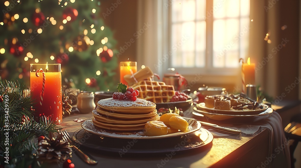 Naklejka premium Festive Christmas Morning Breakfast Table with Traditional Dishes