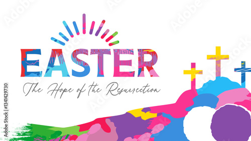 Easter - The Hope of the Resurrection, colorful brush stroke typography pattern with open cave and cross. Creative typography concept with Easter symbols - Calvary and empty tomb. Vector poster