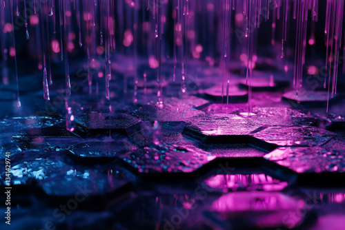 Obraz na płótnie A mesmerizing 3D digital rain effect cascading over a hexagonal surface. The illuminated raindrops, reflecting vibrant neon hues, create a cyberpunk-inspired atmosphere, evoking futuristic AI-driven w salonie