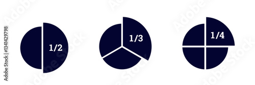 Three pie charts showing fractions: one half, one third, and one fourth, illustrating division.