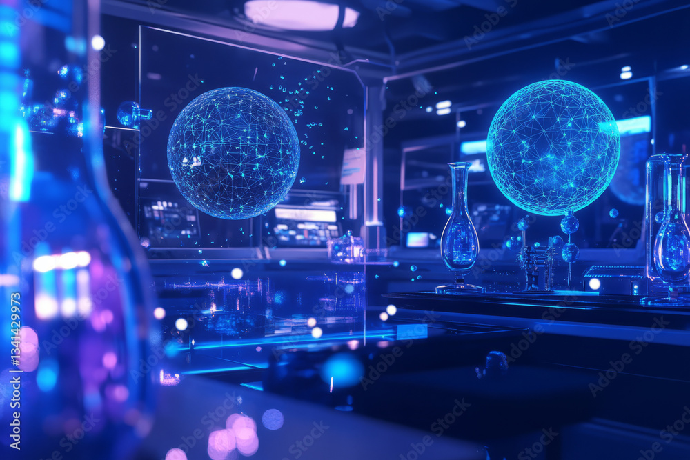 A high-tech research lab where quantum particles are analyzed within hexagonal containment fields. The floating energy spheres, holographic molecular structures, and advanced AI-driven computations