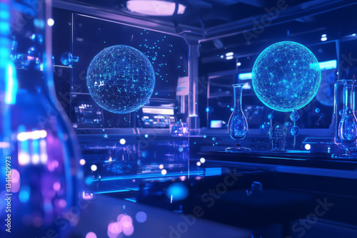 Obraz na płótnie A high-tech research lab where quantum particles are analyzed within hexagonal containment fields. The floating energy spheres, holographic molecular structures, and advanced AI-driven computations w salonie