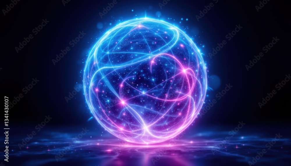Fototapeta premium Glowing Cosmic Sphere: Create an image of a luminous sphere filled with dynamic, swirling particles in vibrant hues of blue and pink, set against a deep