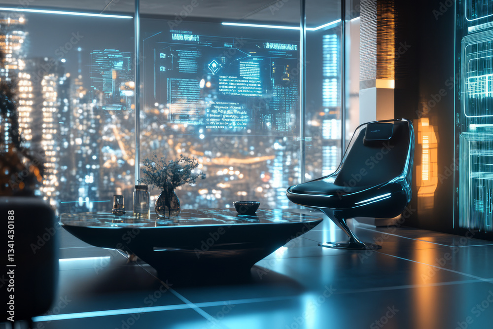 A sleek AI-powered home 3D background with voice-controlled holograms displaying information, futuristic furniture adapting to movement, and a panoramic window revealing a cybernetic city skyline.