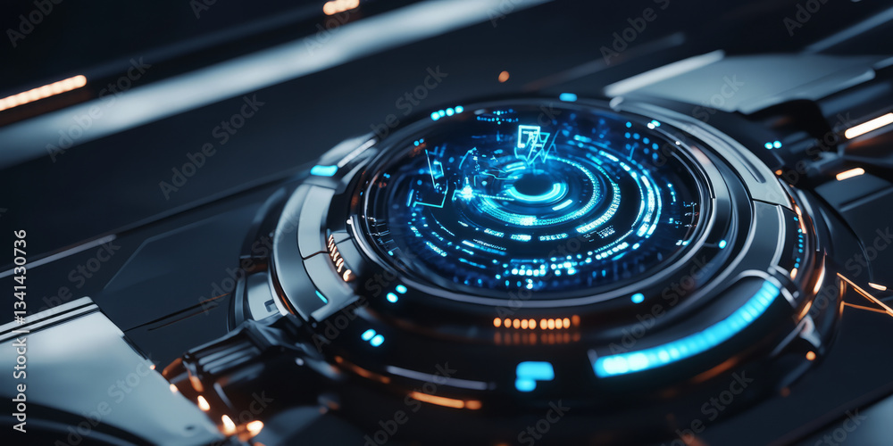 A high-tech 3D background featuring a floating holographic interface with glowing blue symbols and data streams. The futuristic digital elements stand out against the sleek, dark backdrop.