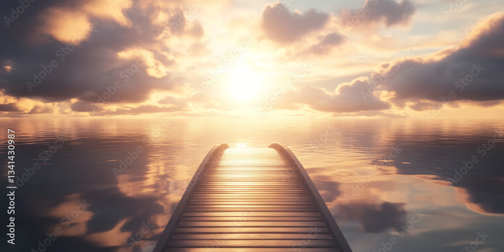 A surreal 3D background featuring a floating bridge leading into an endless sky, with soft pastel clouds and golden sunlight filtering through. The dreamlike quality enhances the sense of wonder and