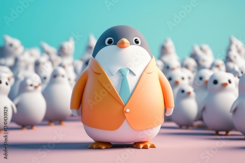 A penguin in an orange suit stands out from a crowd of other penguins.