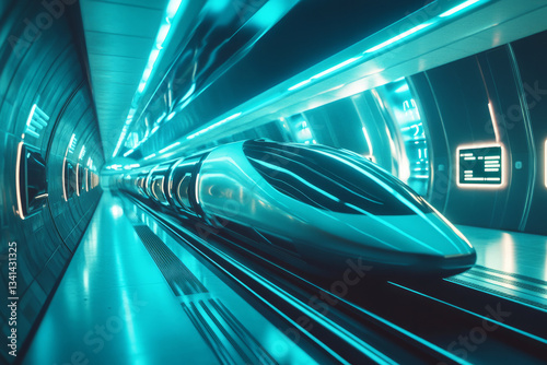 A futuristic hyperloop station 3D background room with sleek, curved architecture, glowing navigation signs, and a high-speed train suspended in a glass tunnel. The smooth metallic surfaces reflect