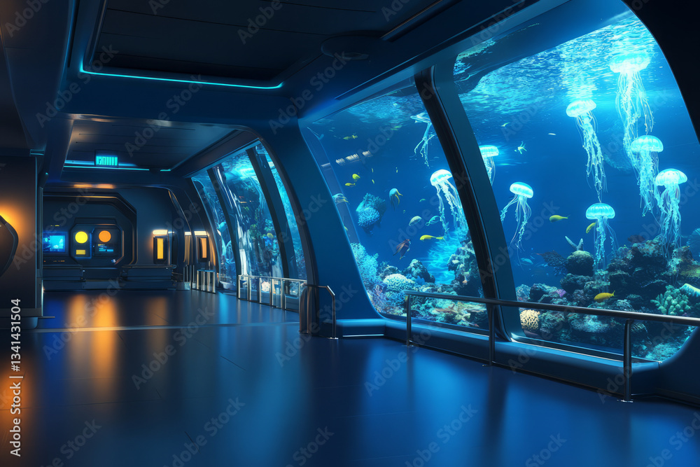 A grand underwater observatory 3D background room with enormous glass windows showcasing deep-sea creatures, glowing jellyfish, and coral reefs. The soft blue lighting and futuristic technology create