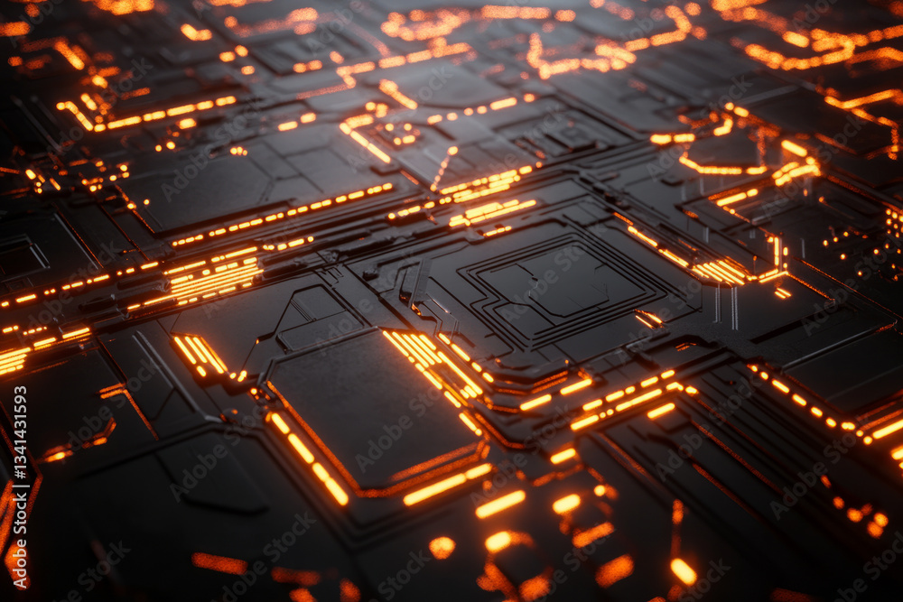 A cybernetic 3D background featuring a grid of illuminated hexagons arranged on a sleek black surface. The hexagons are connected by thin, glowing circuits that pulse with rapid digital energy,