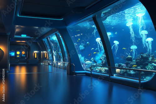 Obraz na płótnie A grand underwater observatory 3D background room with enormous glass windows showcasing deep-sea creatures, glowing jellyfish, and coral reefs. The soft blue lighting and futuristic technology create w salonie