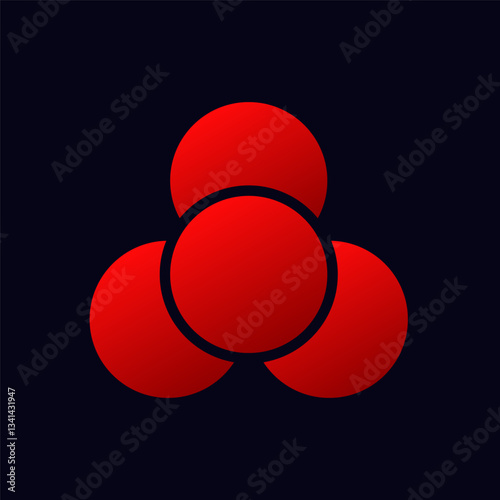 Three red circles create a triangular shape, centered by a larger sphere, suggesting unity and balance.