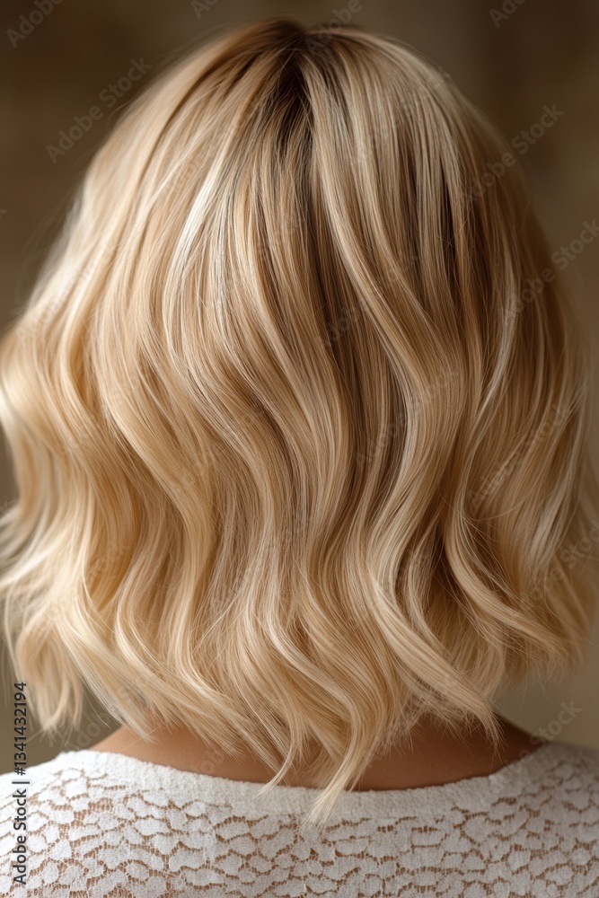 Naklejka premium Stylish wavy blonde hair showcased from the back against a neutral background, highlighting its texture and shine during the afternoon