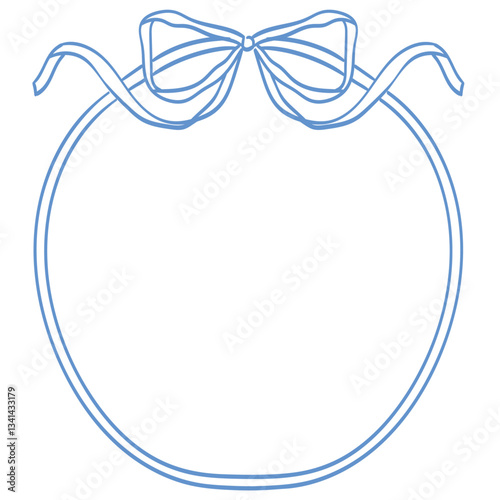 Round frame with bow and ribbons. Hand drawn coquette border for wedding invitation card. Whimsical frame for birthday card, menu design and holiday graphic decoration. Minimalist elegant line art.