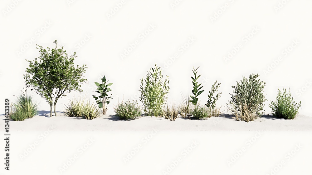Fototapeta premium A collection of various plants and shrubs displayed on a light background.