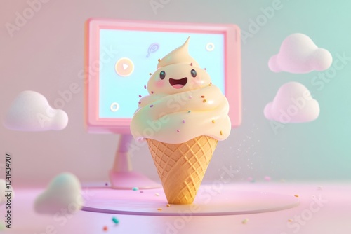 A happy cartoon ice cream cone with sprinkles sits in front of a pastel pink computer screen.