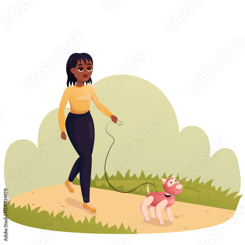 Vector illustration of young dark skinned girl walking with robot dog