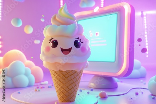 A cute cartoon ice cream cone smiles near a pastel computer screen in a dreamy, colorful setting.