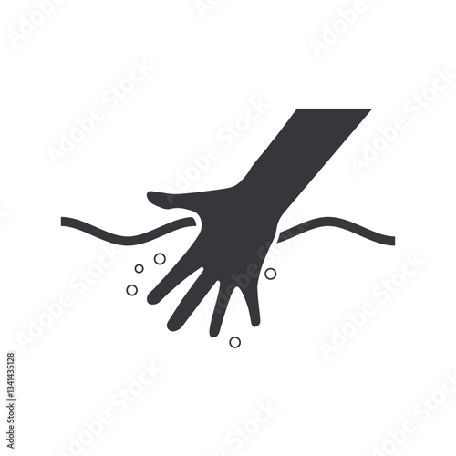 Isolated pictogram hand dipping into water, used for safety signs in aquariums tank, pools, and aquatic environment