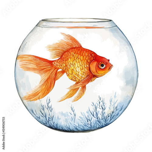 Watercolor Haft sin red Goldfish in a Glass Water Bowl. Traditional Persian New Year Garlic, isolated on a white background. Nowruz fish vector design set	