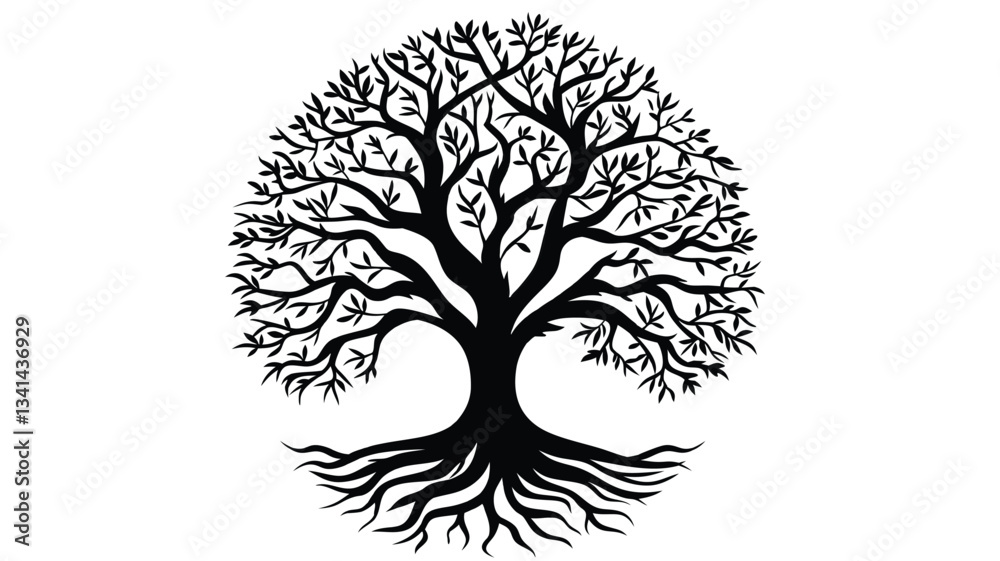 Obraz premium Intricate Black Tree Silhouette with Roots – Vector Illustration