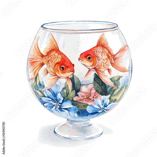 Watercolor Haft sin red Goldfish in a Glass water Bowl full of flowers. Traditional Persian New Year Garlic, isolated on a white background. Nowruz vector design set	