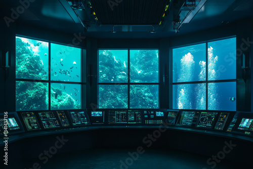 A high-tech deep-sea research station 3D background room with massive glass windows revealing the depths of the ocean, glowing bioluminescent sea creatures swimming past, and a control panel