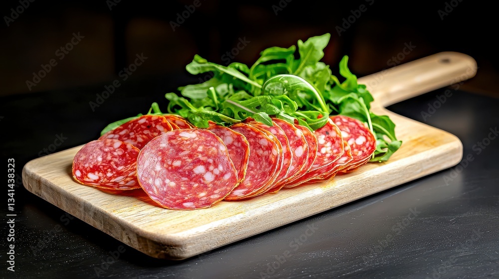Thinly Sliced Salami with Arugula on Wooden Board Thinly Sliced Salami with Arugula on Wooden Board