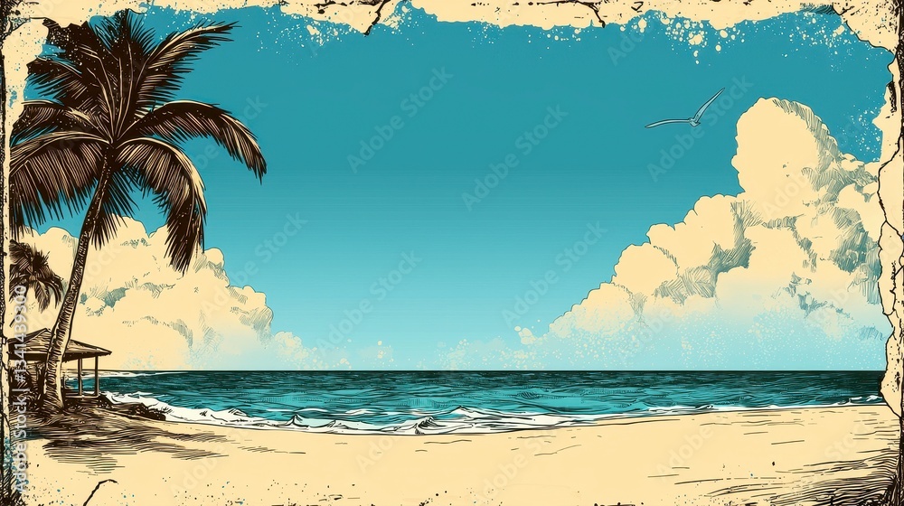 Fototapeta premium Tranquil Beach Scene Vintage Pixel Art Illustration