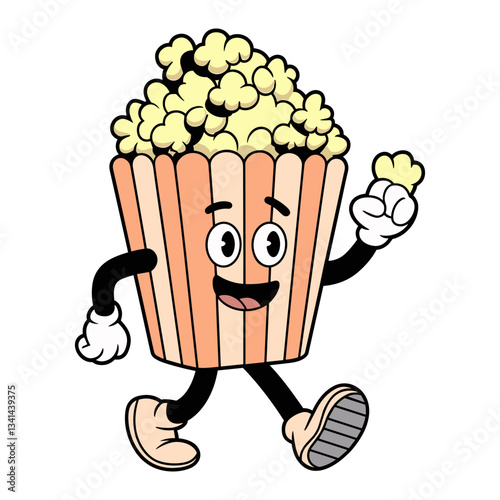 Vector playful cartoon popcorn character with arms and legs is happily walking along