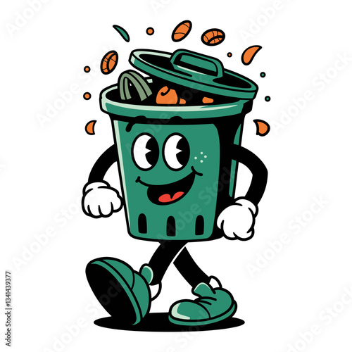 Retro cartoon character of a walking trash can happily carrying waste with a playful expression