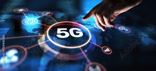 5G Next-Generation Mobile Connectivity, projection on a virtual screen, Business and Technology Concept.