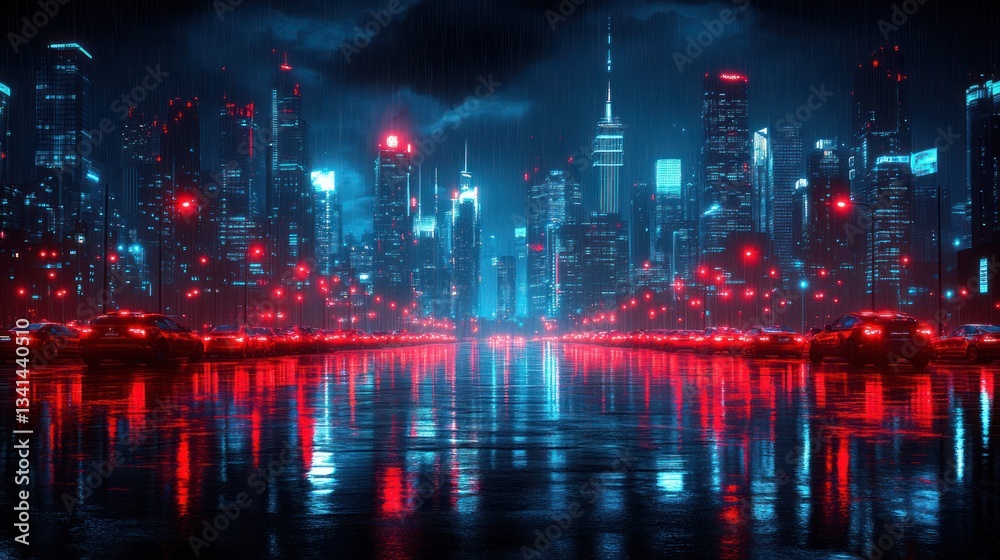 Obraz premium Neon rain-drenched city vista