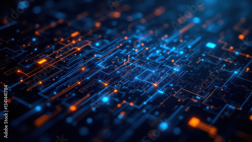 Intricate network of blue and orange lights representing technology and cybersecurity.