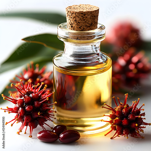 Castor oil in clear glass bottle with red castor fruits and capsules