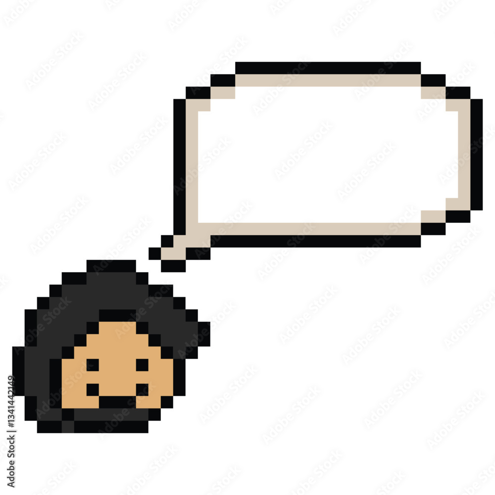Fototapeta premium Cartoon pixel cute character man face with chat box blank decoration 8 bit male boy say speak discuss idea chat box cartoon pixel 8bit game png vector.