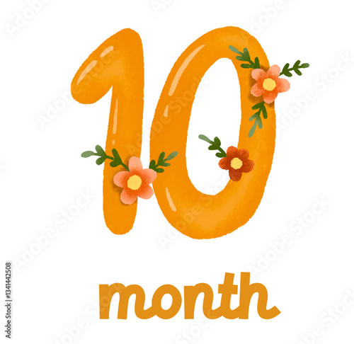 Number 10 Flower ornate ten number monthly milestone card. Elegant blossom number, floral. Vector illustration.  Print baby shower, baby birthday. Kids birthday card.