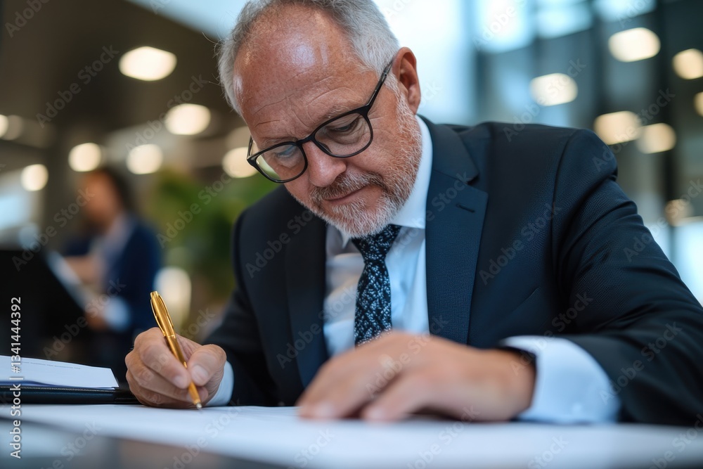 Fototapeta premium An experienced businessman intently reviewing documents in a modern office setting, implying dedication, strategic planning, and insightful decision-making in the business world.