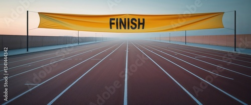 A long, empty running track stretches under a vibrant sky at dusk, with a prominent finish line banner in yellow signaling the race's conclusion