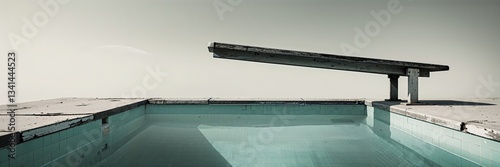 A lonely diving board extends over a still, shallow pool, reflecting soft morning light. The minimalist design emphasizes tranquility and solitude in a peaceful environment