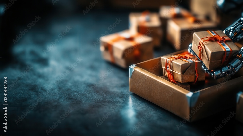 Fototapeta premium A robotic arm carefully places wrapped gifts into a cardboard box on a dark metallic surface prepa for automated delivery and distribution.